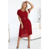numoco basic 465-5 MIA Pleated Chiffon Midi Dress with Wide Belt - Burgundy | shoptok.hr