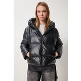  Women's Black Hooded Faux Leather Coat | shoptok.hr