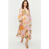 Trendyol Multicolored Floral Patterned Linen Look Woven Dress with Belt Detail Cene
