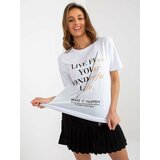 Fashion Hunters Women's white cotton T-shirt with inscriptions Cene