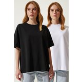 Happiness İstanbul Women's Black and White Basic Oversize 2-Piece Set Knitted T-Shirt cene