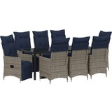  set za vrt z 9 kosi in blazinami iz sivo poliranega ratana, jedilna miza črna 200x80x73 cm iz kaljenega stekla | Shoptok.si