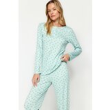 Trendyol Mint Heart Patterned T-shirt-Pants and Knitted Pajamas Set Cene