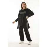 Şans Women's Plus Size Black Silvery Detailed Sweatshirt Trousers Double Suit