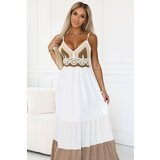 numoco basic 612-1 Long beige and white strapless dress with crochet top - boho | Shoptok.si