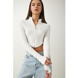 Happiness İstanbul Women's White Zippered Turtleneck Crop Knitted Blouse Cene