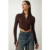 Happiness İstanbul Women's Brown Zippered Turtleneck Crop Knitted Blouse Cene