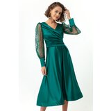Lafaba Women's Emerald Green, Double Breasted Collar Silvery Midi Satin Evening Dress. Cene