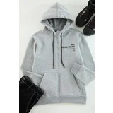 Trendyol Grey Melange Regular/Normal Cut Hooded Slogan Printed Sweatshirt