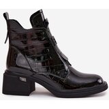 Boto Patent Leather Women's Leather Ankle Boots with Embossing on Block Black Lorenza | Shoptok.si