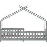 Lumor Postelja v obliki hiške 90x200 cm iz masivnega lesa z zaščito pred padcem in letvenim dnom - siva, (22156132) | Shoptok.si