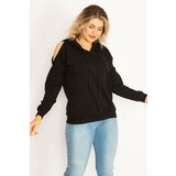 Şans Women's Plus Size Black Hooded Sweatshirt with Decollete Cene