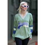 Madmext Mint Green Women's V-Neck Embroidered Sweater Cene