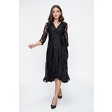 By Saygı Double-breasted Collar Lined, Wrapped Lace Dress Black cene