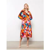 LC Waikiki Women's V-Neck Patterned Viscose Dress with Balloon Sleeves