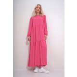 Trend Alaçatı Stili Women's Fuchsia Boat Neck Balloon Sleeve Layered Flounced Waist Belted Woven Viscose Dress | Shoptok.si
