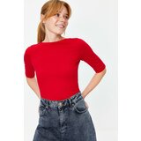 Trendyol Red Fitted/Situated Boat Neck Short Sleeve Cotton Stretch Knitted Blouse cene