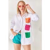 Olalook Women's White Fuchsia Color Pocket Detailed Oversize Woven Shirt Cene