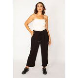 Şans Women's Black Woven Viscose Fabric Trousers with Elastic Waist And Lace Up Detail, Side Pockets Cene