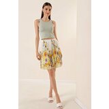By Saygı Large Floral Patterned Short Chiffon Skirt Yellow With Elastic Waist Lined Cene