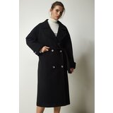  Women's Black Double Breasted Neck Belted Oversize Cachet Coat Cene