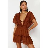 Trendyol brown mini woven embroidery detailed 100% cotton beach dress Cene