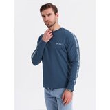 Ombre Men's cotton U-neck longsleeve with piping and chest print - dark blue Cene
