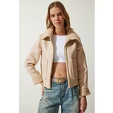 Happiness İstanbul Women's Cream Fur Collar Wide Pocket Faux Leather Jacket