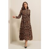 By Saygı Front Buttoned Tied Waist Leopard Pattern Long Viscose Dress Brown | shoptok.hr