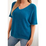 Kesi Włoski Women's sweater made of soft fleece with a V-neck short sleeves sea color | shoptok.hr