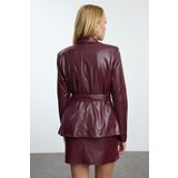 Trendyol Burgundy Faux Leather Belted Woven Blazer Jacket | Eponuda.ba