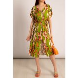armonika Women's Oil Green Patterned Belted Dress with Buttons in the Front Cene