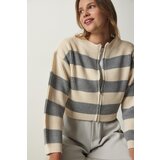 Happiness İstanbul Women's Cream Gray Zippered Striped Knitwear Cardigan Cene