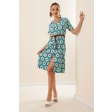 By Saygı Floral Pattern Short Sleeve See-through Dress With Buttons In The Front With A Belt Blue Cene