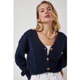 Happiness İstanbul Women's Navy Blue Motif Buttoned Crop Knitwear Cardigan cene