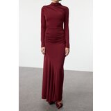 Trendyol Burgundy Fitted/Fits the Body Stand Collar Long Sleeve Flexible Maxi Knit Dress | Shoptok.si