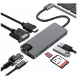 E-green adapter usb 3.1 tip c (m) - HDMI+VGA+2xUSB 3.0+Tip C+RJ45+SD (f) Cene