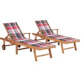 The Living Store Ležalniki 2 kosa z rdečo karo blazino trdna tikovina - Ležalnik, (21483416) | Shoptok.si