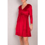 armonika Women's Red Double Breasted Neck Long Sleeve Velvet Flared Dress Cene
