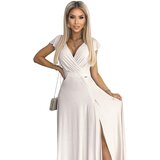 Numoco women's glittery long dress with CRYSTAL neckline - beige Cene