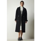  Women's Black Double Breasted Neck Belted Oversize Cachet Coat | Shoptok.si