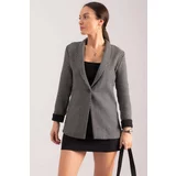 armonika Women's Gray Herringbone Pattern Fold Sleeve Single Button Cachet Jacket