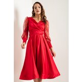 Lafaba Women's Red Double Breasted Collar Glitter Midi Satin Evening Dress | Eponuda.ba