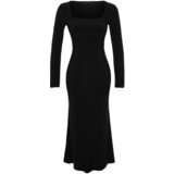 Trendyol Black Ruffles Square Neckline Fitted/Slipped Maxi Stretch Knit Dress Cene