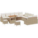 vidaXL 13-delna vrtna kavčna garnitura z blazinami bež poli ratan akacije, 2-sedežni vrtni kavč z blazinami bež poli ratan, 3-delni vrtni jedilni set z blazinami bež poli ratan akacije | Shoptok.si