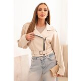 Kesi Włoski Short women's jacket made of eco-leather with a belt and collar beige Cene