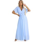 numoco basic 545-2 Long dress with pleated neckline and tie - light blue | Shoptok.si