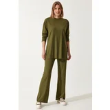  Women's Khaki Ribbed Knitted Blouse Pants Suit