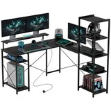 Nesta L-mizna računalniška miza, 6 polic, stojalo za monitor, USB, vtičnica, črna, 137 x 140 x 139,5 cm, (5000494047) | Shoptok.si