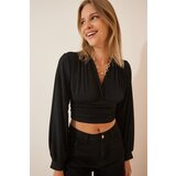 Happiness İstanbul Women's Black Deep V-Neck Crop Sandy Knitted Cene